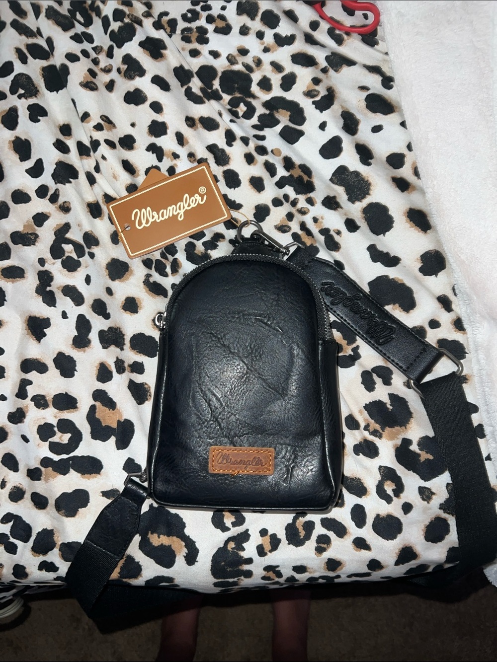 Wrangler Black Leather Belt Sling Bag with Brown Logo Patch
